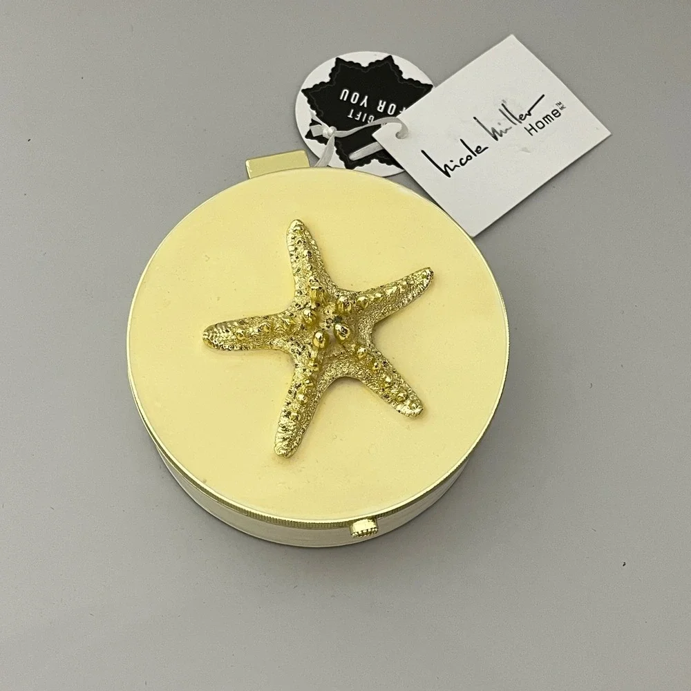Nicole Miller Trinket Box Home  Yellow Gold Starfish Coastal Mirror Jewelry Case
